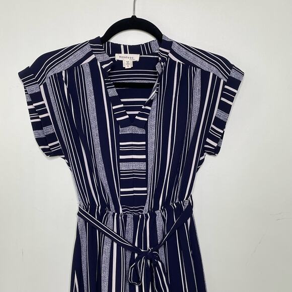 Monteau Belt A-Line Dress Striped Short Coastal Nautical Country Club Blue S - Picture 2 of 12